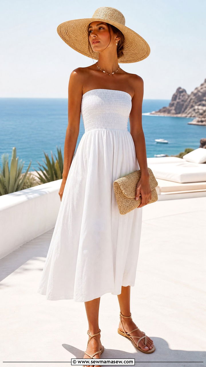 Strapless cotton dress and sun hat Italy - 25 Italy outfits inspo