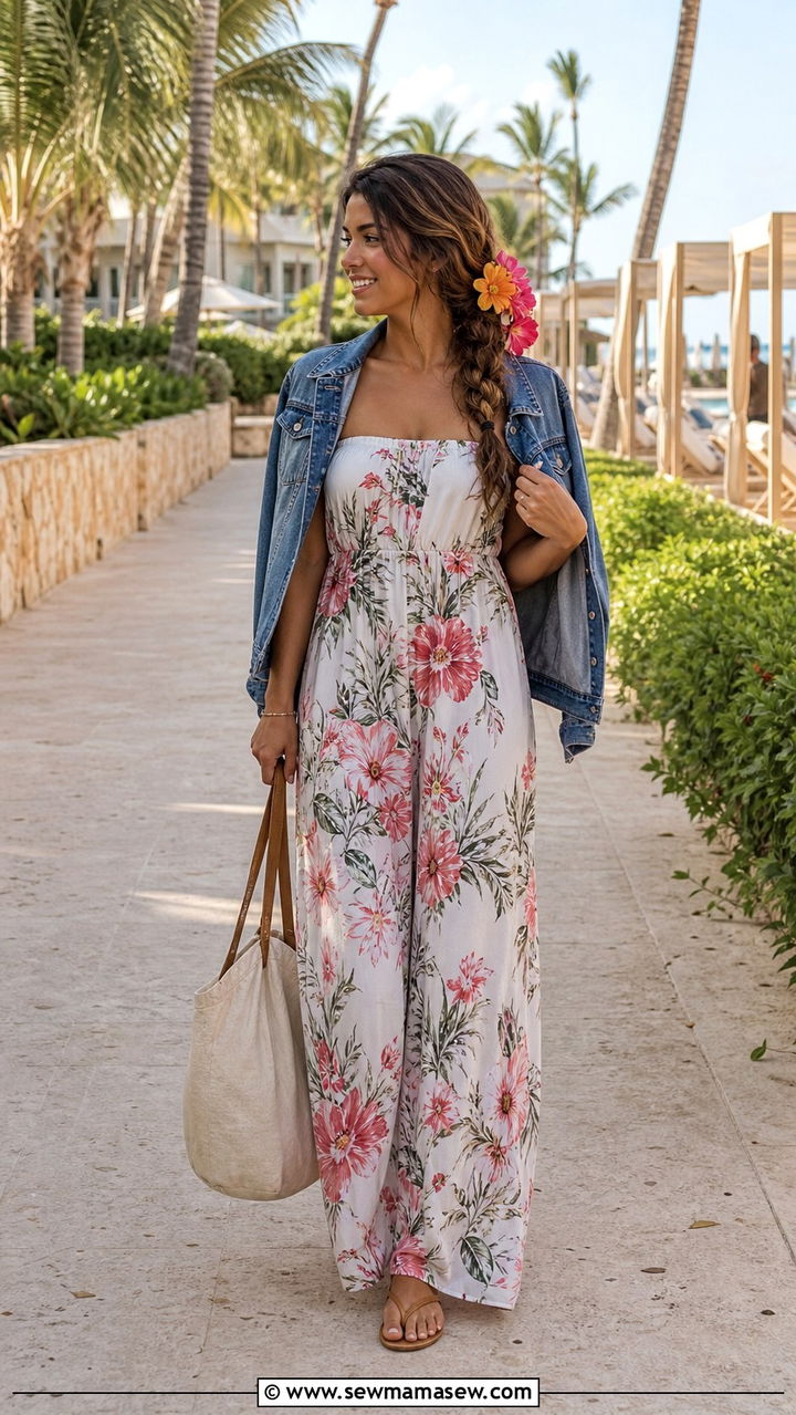 Strapless floral maxi dress and flat sandals for Punta Cana afternoon walk - 40 Punta Cana outfit ideas