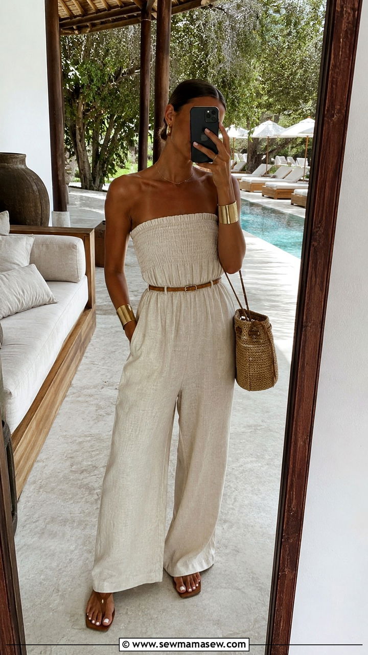 Strapless linen jumpsuit outfit - 30 classy resort vacation outfit ideas