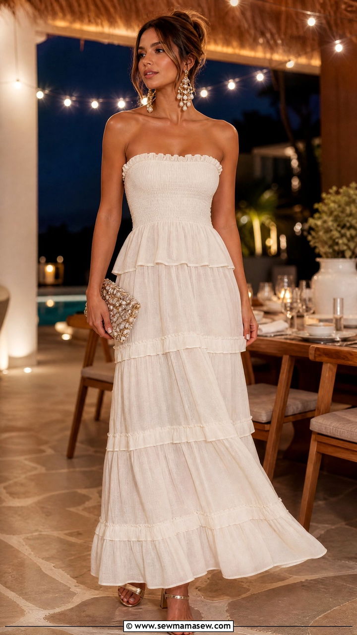 Strapless ruffle maxi cover up with a clutch - 35 Maxi cover up outfit ideas