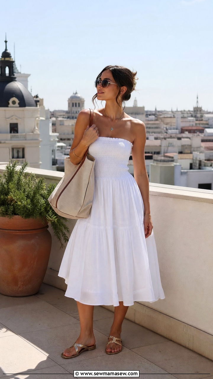Strapless sundress with flat sandals and tote city break outfit - 30 summer city break outfit ideas