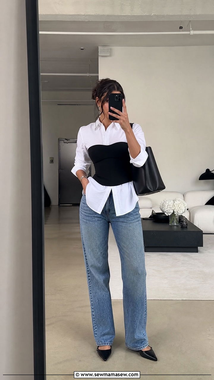 Strapless top layered over a white button down - 30 Strapless top outfit ideas