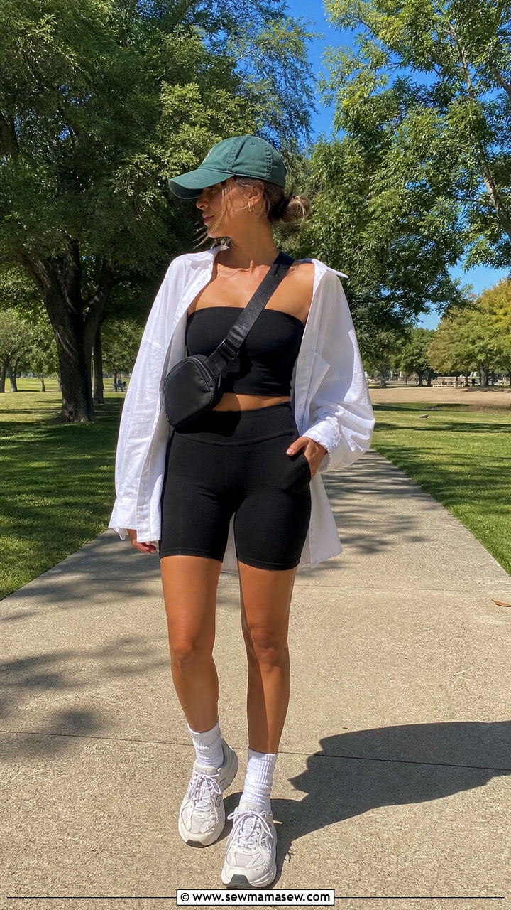 Strapless top with biker shorts - 30 Strapless top outfit ideas