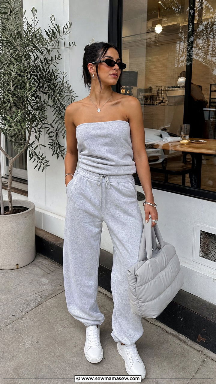 Strapless top with joggers - 30 Strapless top outfit ideas