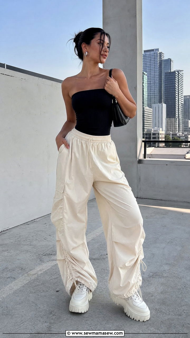 Strapless top with parachute pants - 30 Strapless top outfit ideas