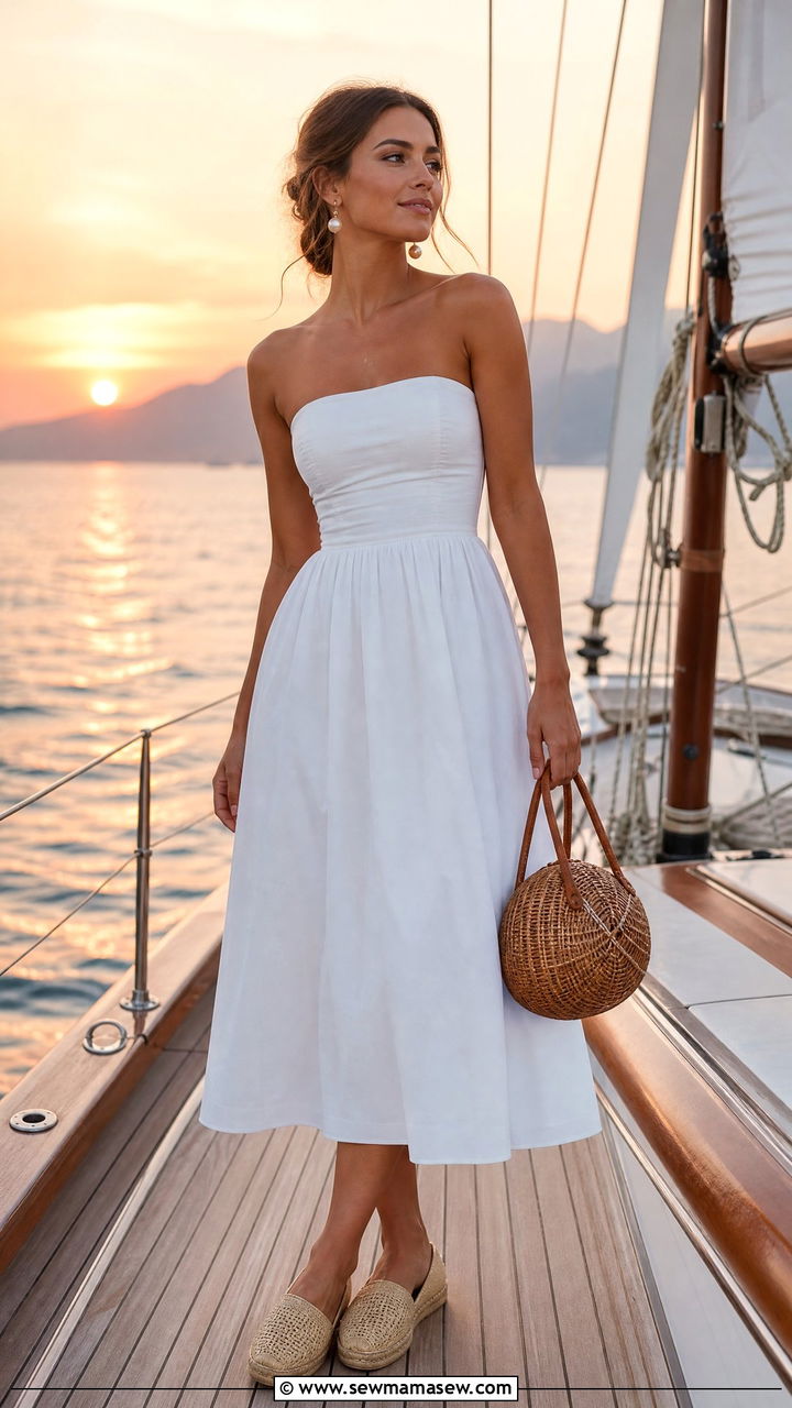 Strapless white dress with espadrilles - 30 Summer boat day outfit ideas