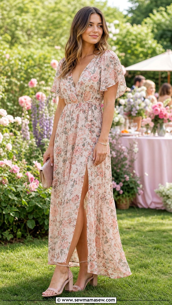Strappy Block Heel Sandals with Floral Maxi Dress - 35 block heel outfit ideas