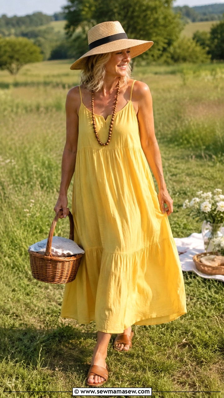 Straw Hat and Flowy Sundress Combo - 30 Picnic outfits for women over 60