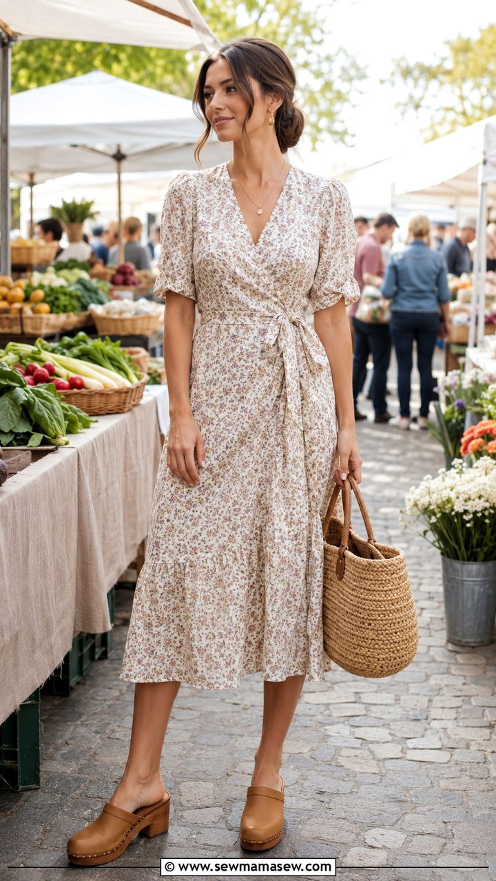 Straw bag with clogs and a floral dress - 30 Spring cottage outfits