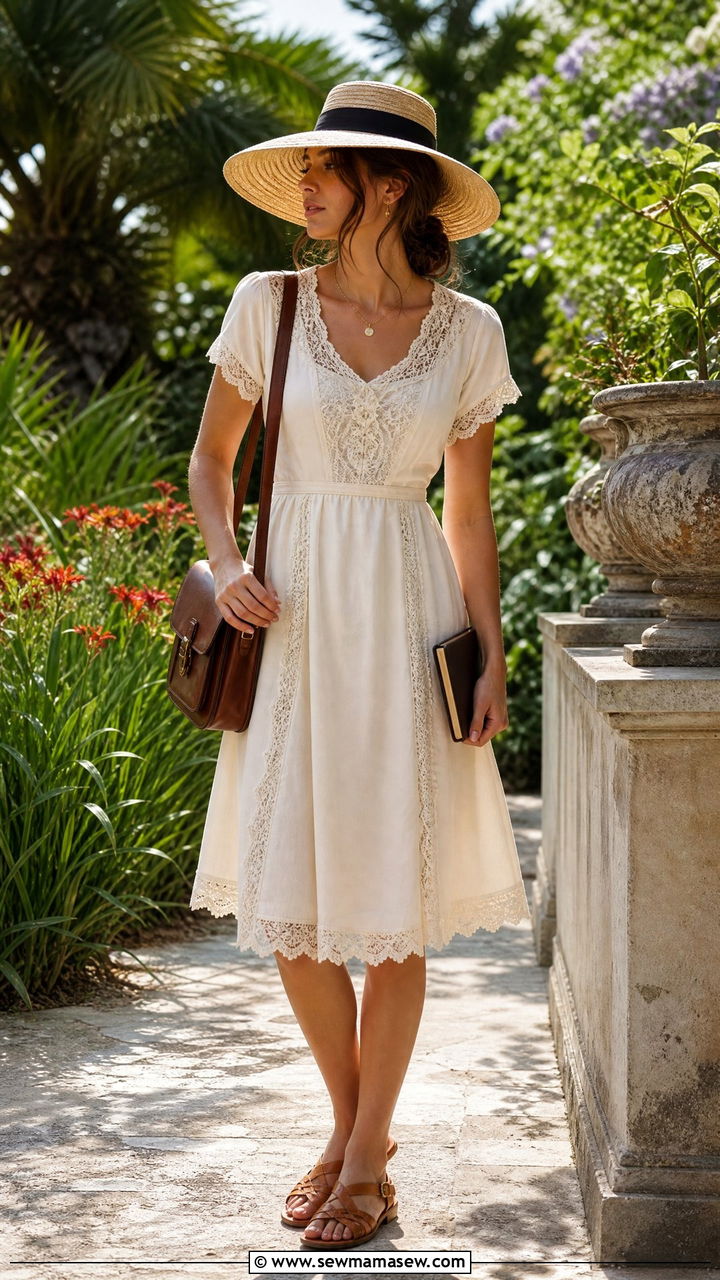 Straw hat and detailed summer dress dark academia outfit - 30 Dark academia summer outfits