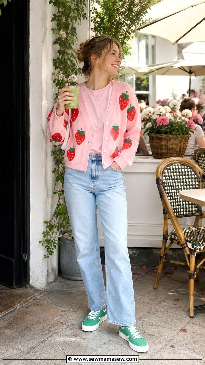 Strawberry Cardigan with a Pink Tee and Relaxed Jeans - 30 Spring outfits with cardigans