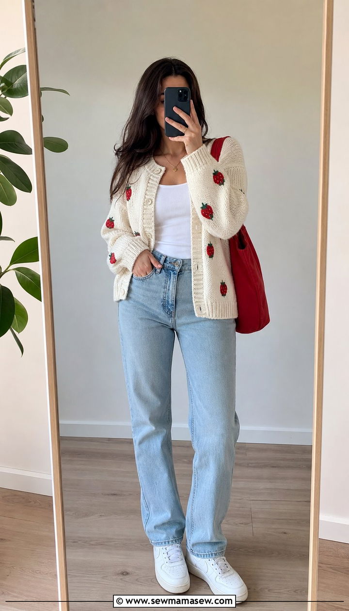 Strawberry Embroidered Cardigan Outfit - 25 Strawberry girl outfits