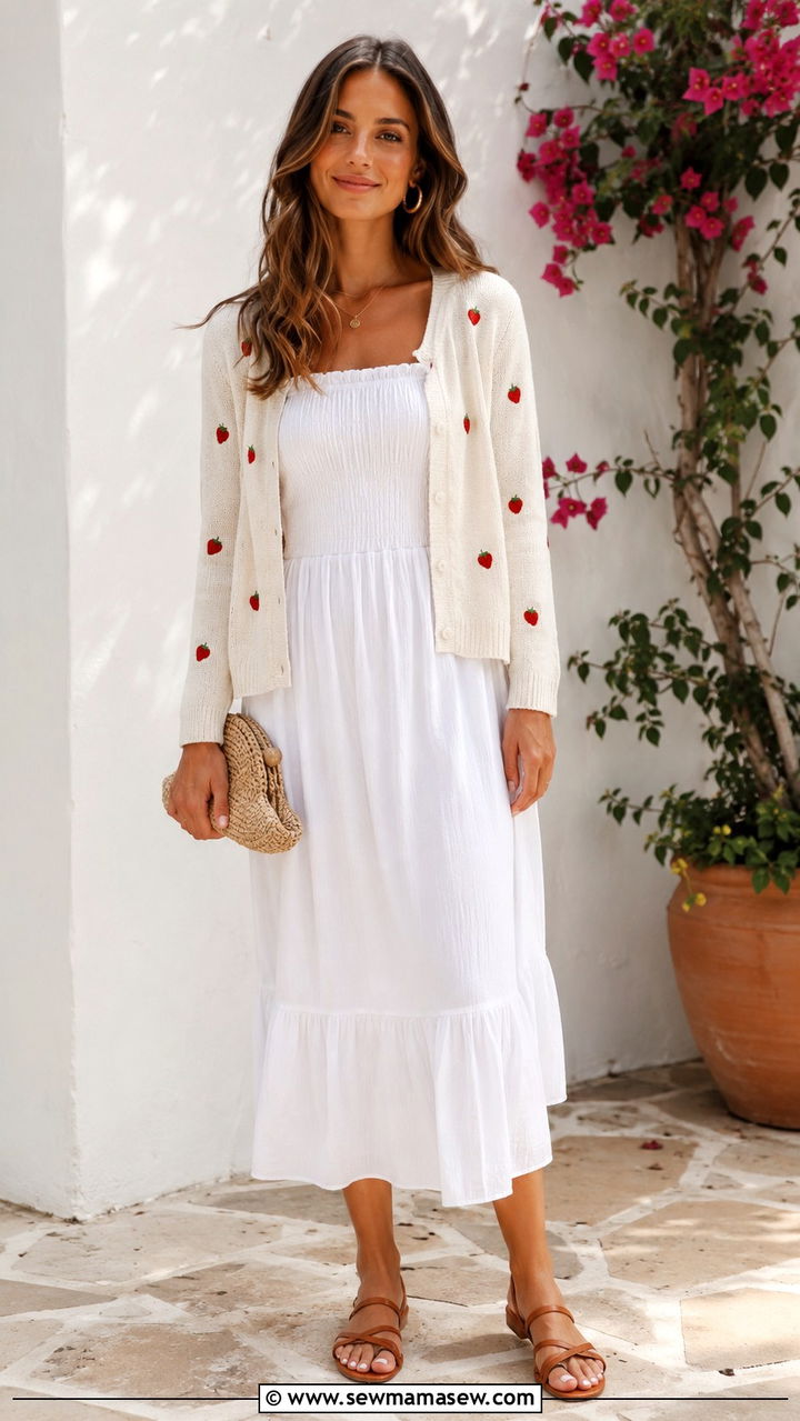 Strawberry Embroidered Cardigan Over A White Sundress With Strappy Sandals - 20 Strawberry girl outfit ideas 2026