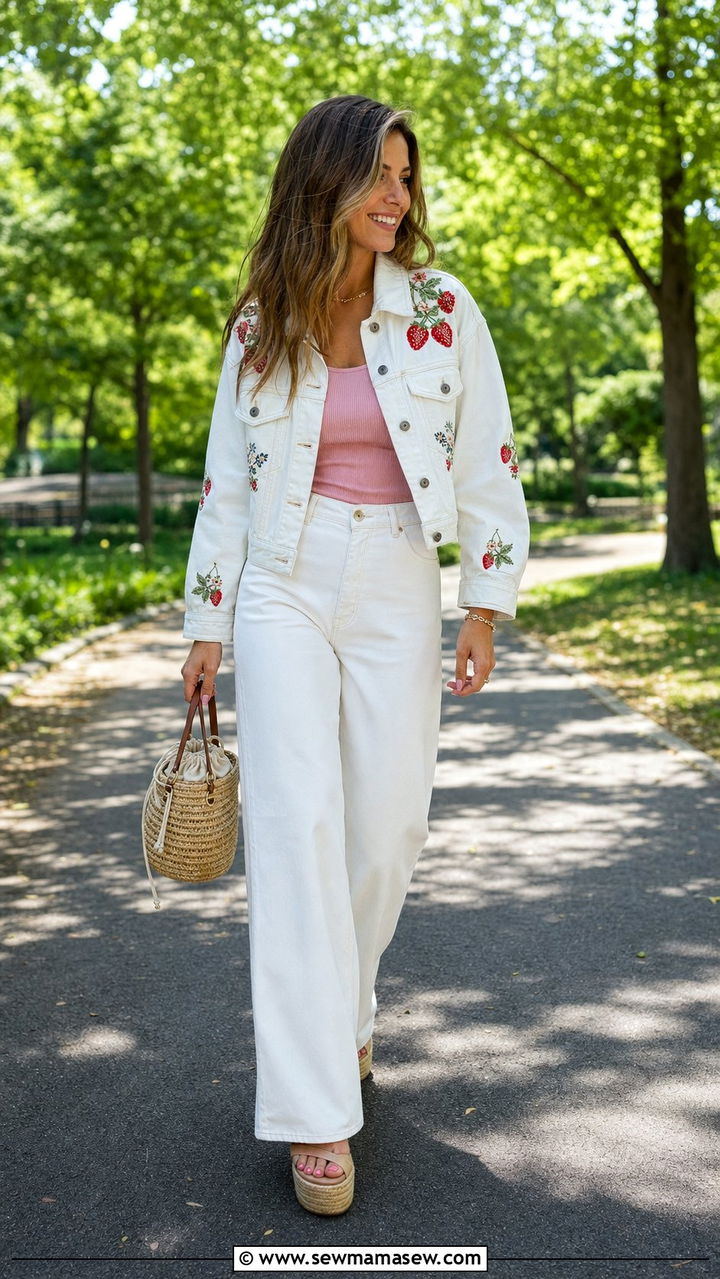 Strawberry Embroidered Denim Jacket Outfit - 25 Strawberry girl outfits