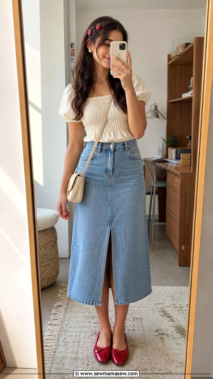 Strawberry Hair Clips And A Cream Smocked Blouse With A Denim Midi Skirt - 20 Strawberry girl outfit ideas 2026