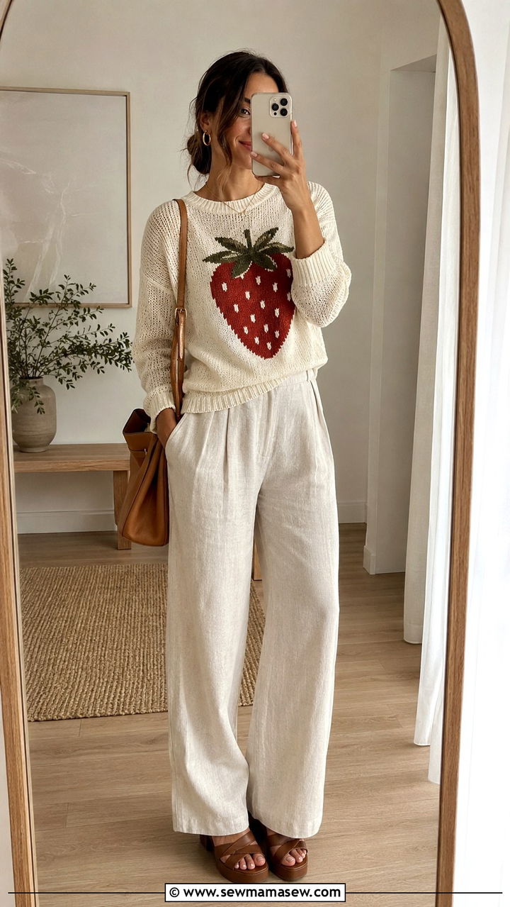 Strawberry Jacquard Knit Sweater With Cream Trousers And Brown Platform Sandals - 20 Strawberry girl outfit ideas 2026