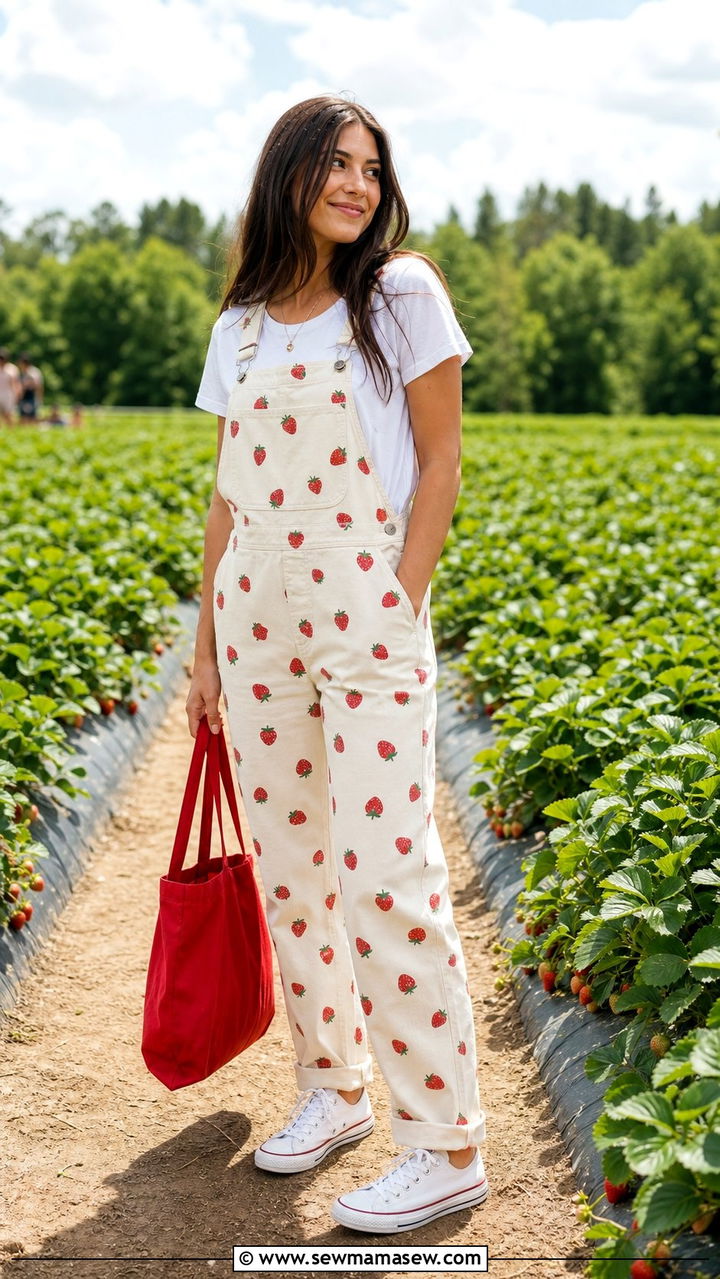 Strawberry Print Overalls Outfit - 25 Strawberry girl outfits