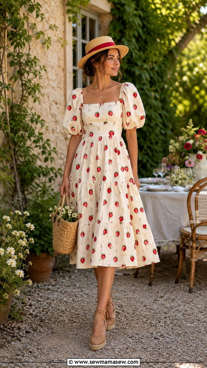 Strawberry Print Puff Sleeve Midi Dress With Woven Basket Bag And Espadrilles - 20 Strawberry girl outfit ideas 2026