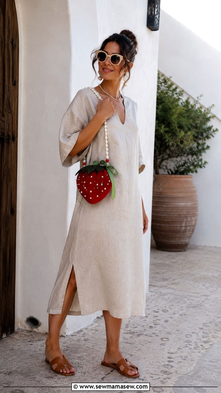 Strawberry Shaped Shoulder Bag With A Beige Linen Midi Dress And Tan Slides - 20 Strawberry girl outfit ideas 2026