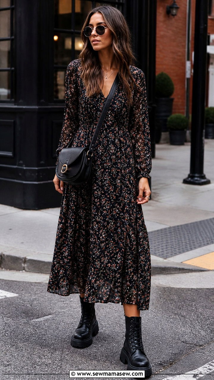 Street Style Maxi Dress With Combat Boots And Crossbody Bag - 40 maxi dress outfits