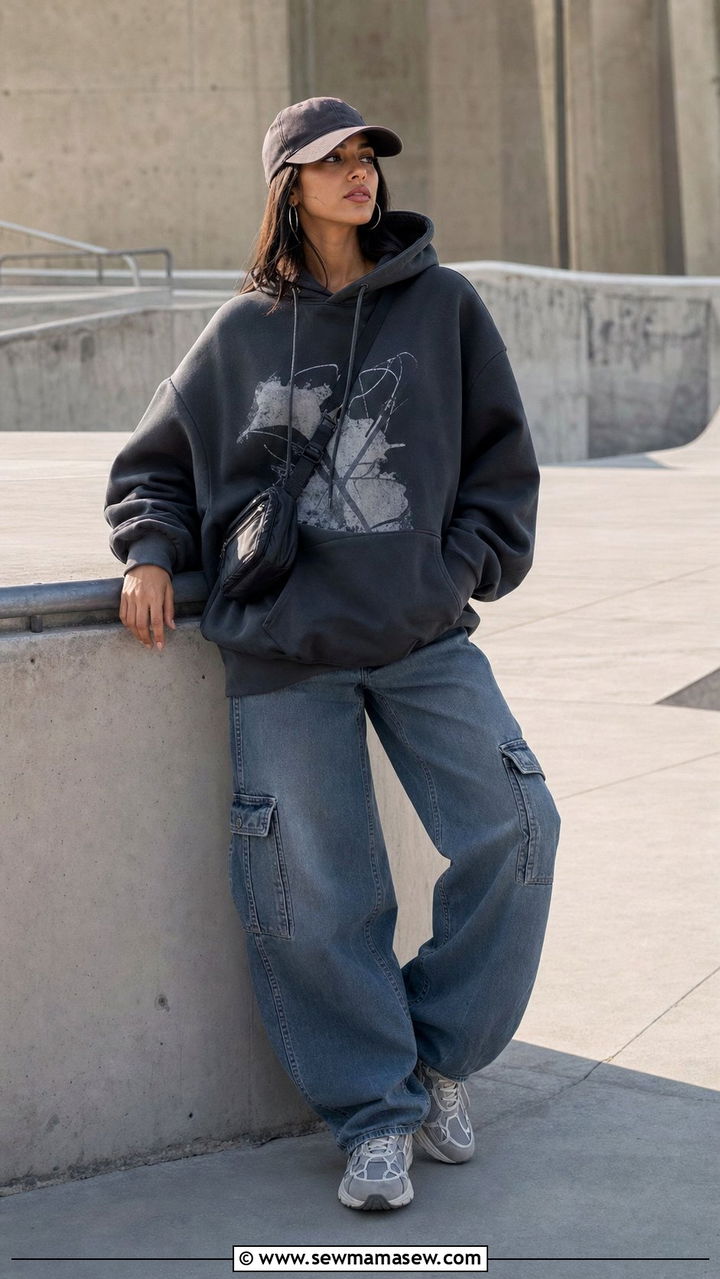 Streetwear Oversized Graphic Hoodie and Baggy Cargo Jeans Outfit - 25 cute outfits aesthetic
