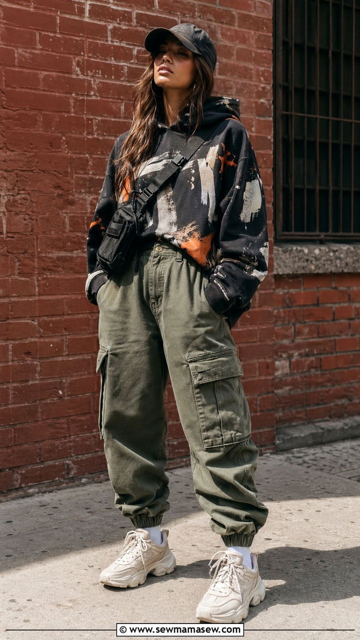 Streetwear Oversized Graphic Hoodie and Cargo Pants Outfit - 35 aesthetic outfits