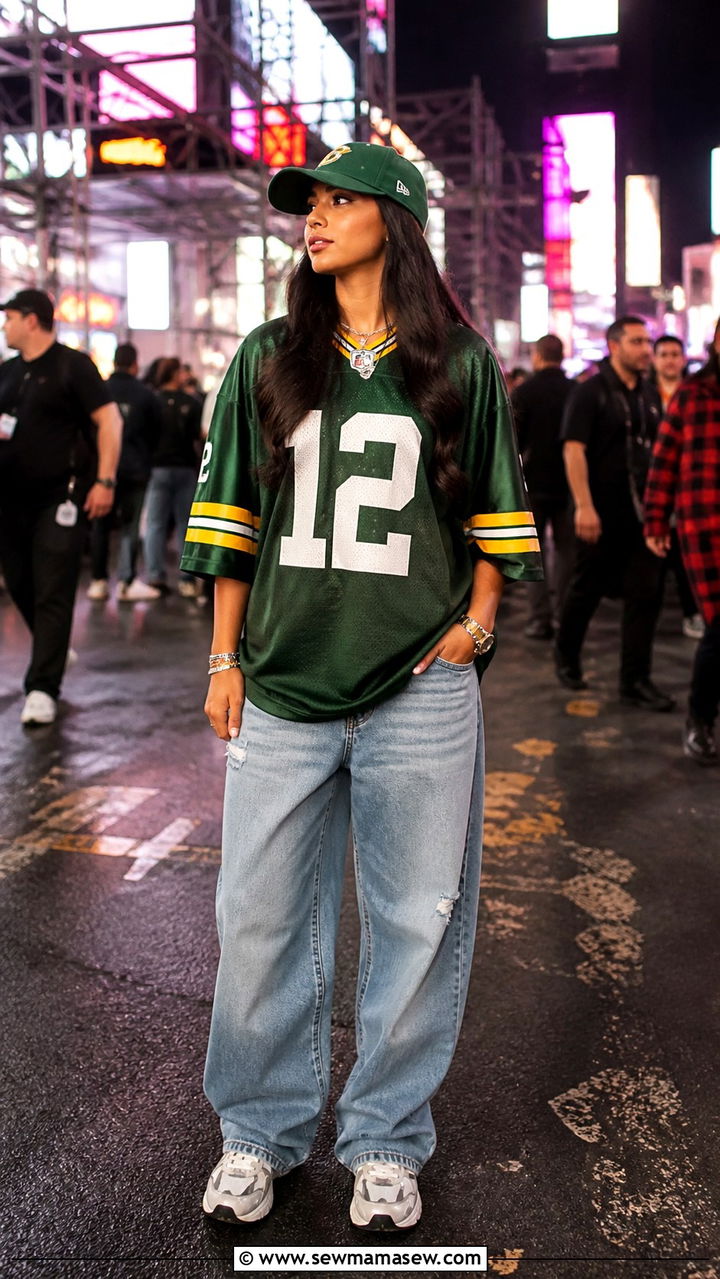 Streetwear outfit with oversized jersey and baggy jeans - 40 concert outfits