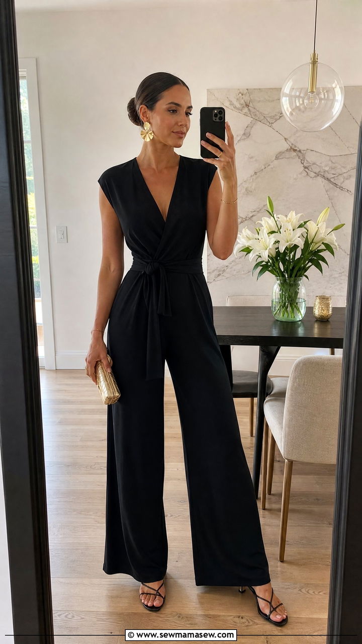 Stretch Fabric Jumpsuit with Statement Earrings - 25 Host outfit ideas for dinner party
