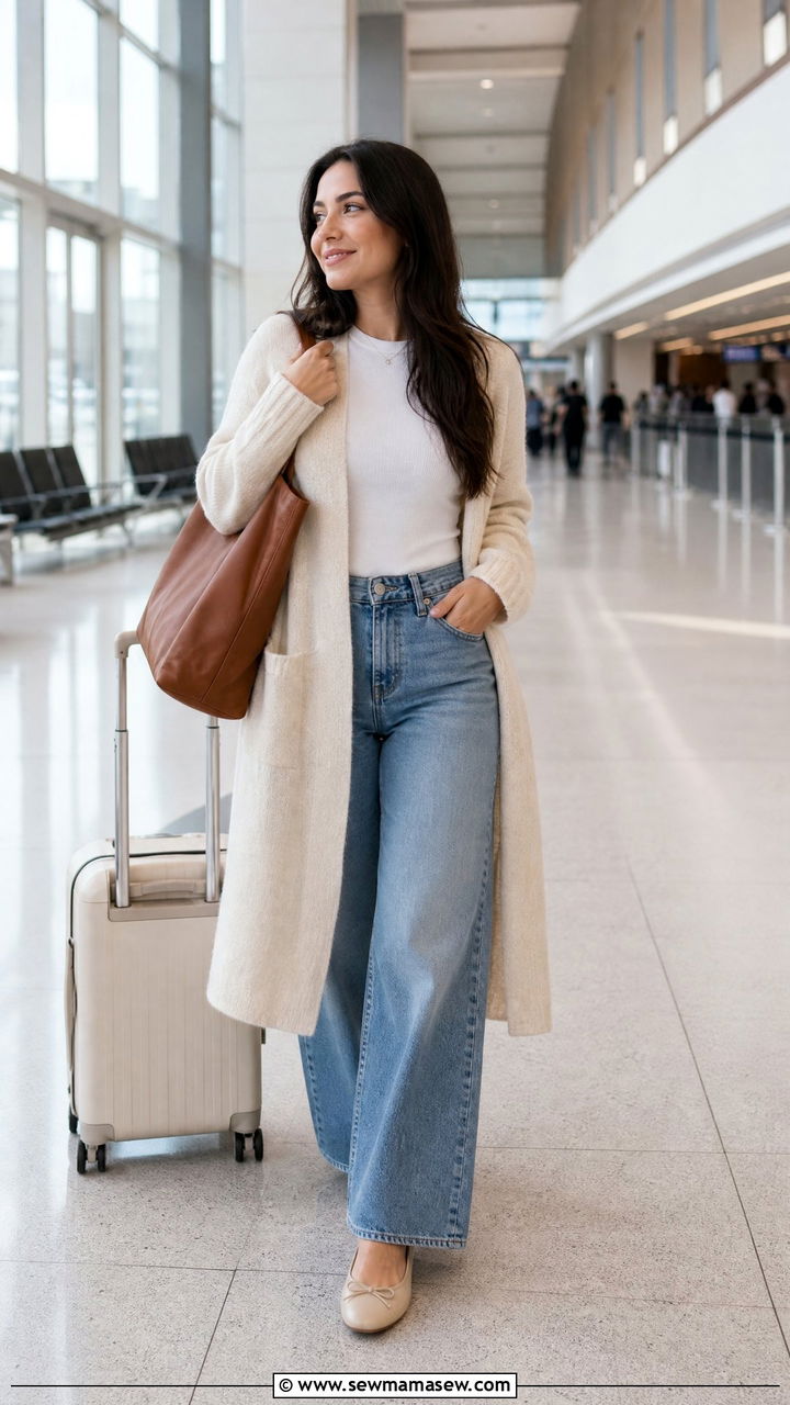 Stretch Jeans With a Long Cardigan and Ballet Flats - 25 Airport outfit ideas for economy