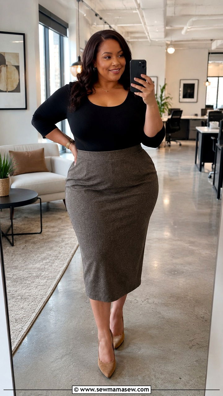Stretch Scoop Neck Top With Tailored Midi Pencil Skirt - 20 work outfits for women with big bust