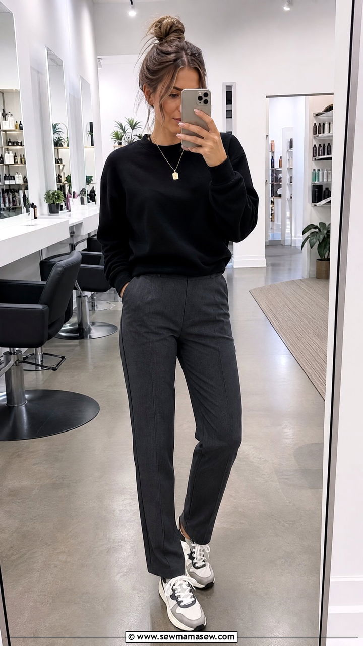 Stretch Trousers and Crewneck Sweatshirt Salon Look - 25 Salon outfit ideas for hairstylist