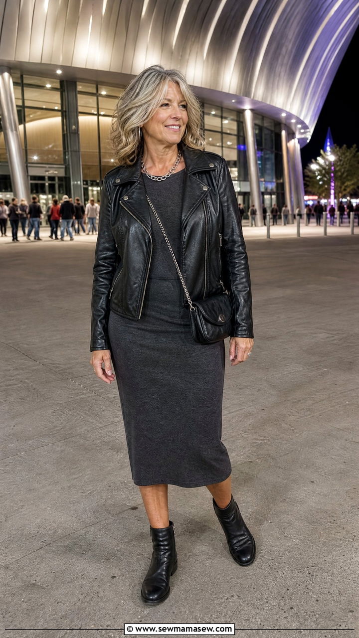 Stretchy Knit Midi Dress with a Moto Leather Jacket - 30 Concert outfits for women over 50