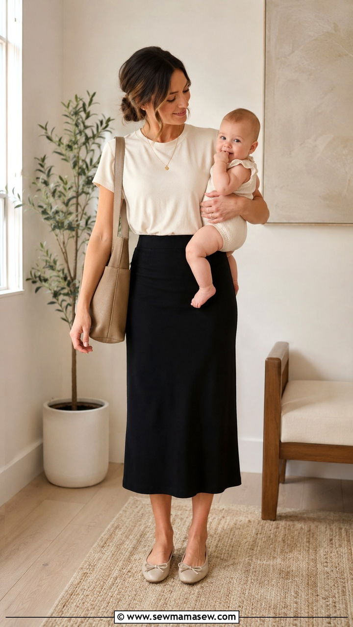 Stretchy Midi Skirt with a Nursing Top - 30 Postpartum summer outfits