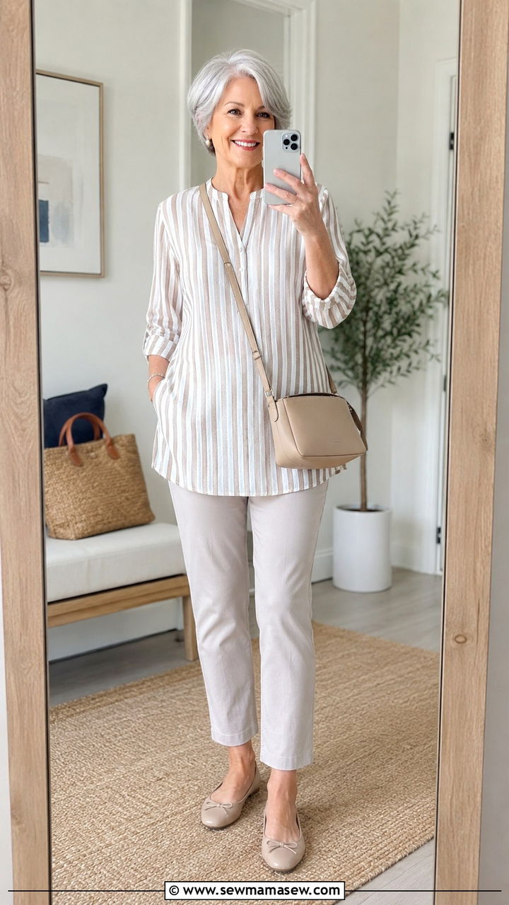 Stretchy Pull On Trousers and Tunic Petite Travel Outfit - 30 Travel outfit ideas for women over 60
