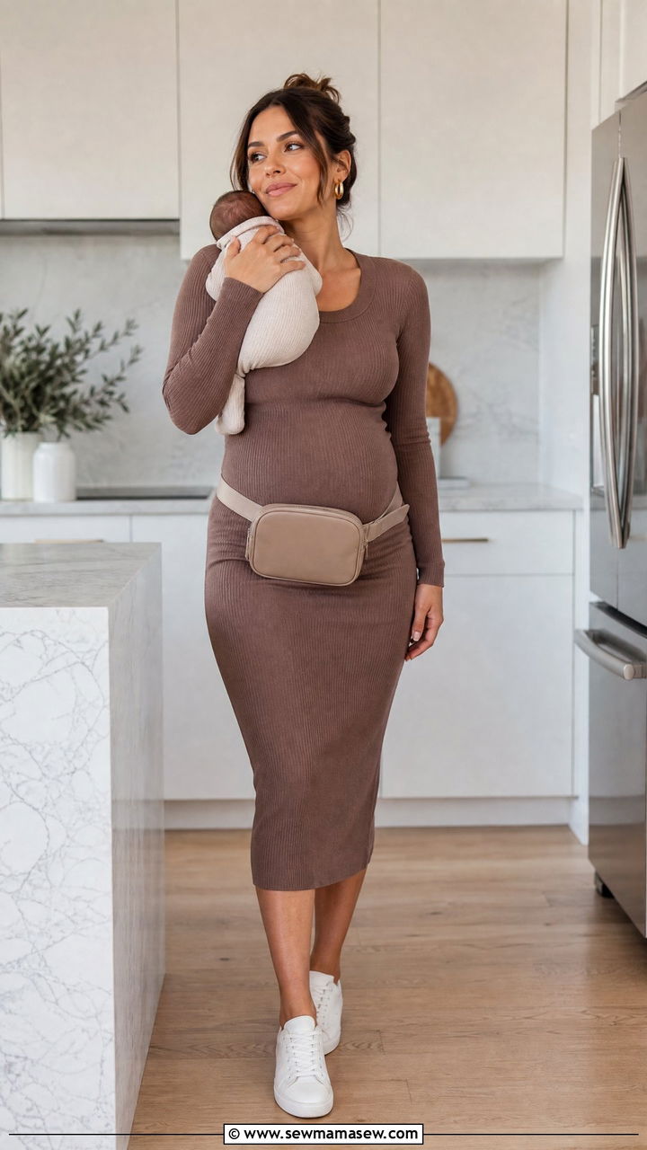 Stretchy ribbed midi bodycon dress with belt bag and trainers - 20 4th trimester outfit ideas