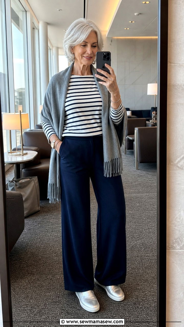 Stretchy wide leg pants with Breton tee and cashmere wrap - 20 Airport outfit ideas for women over 60