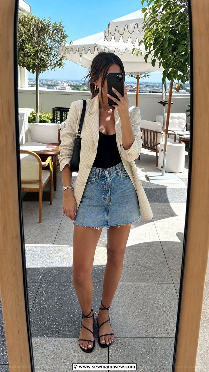 Stripe blazer with denim mini skirt - 25 How to style a blazer in summer