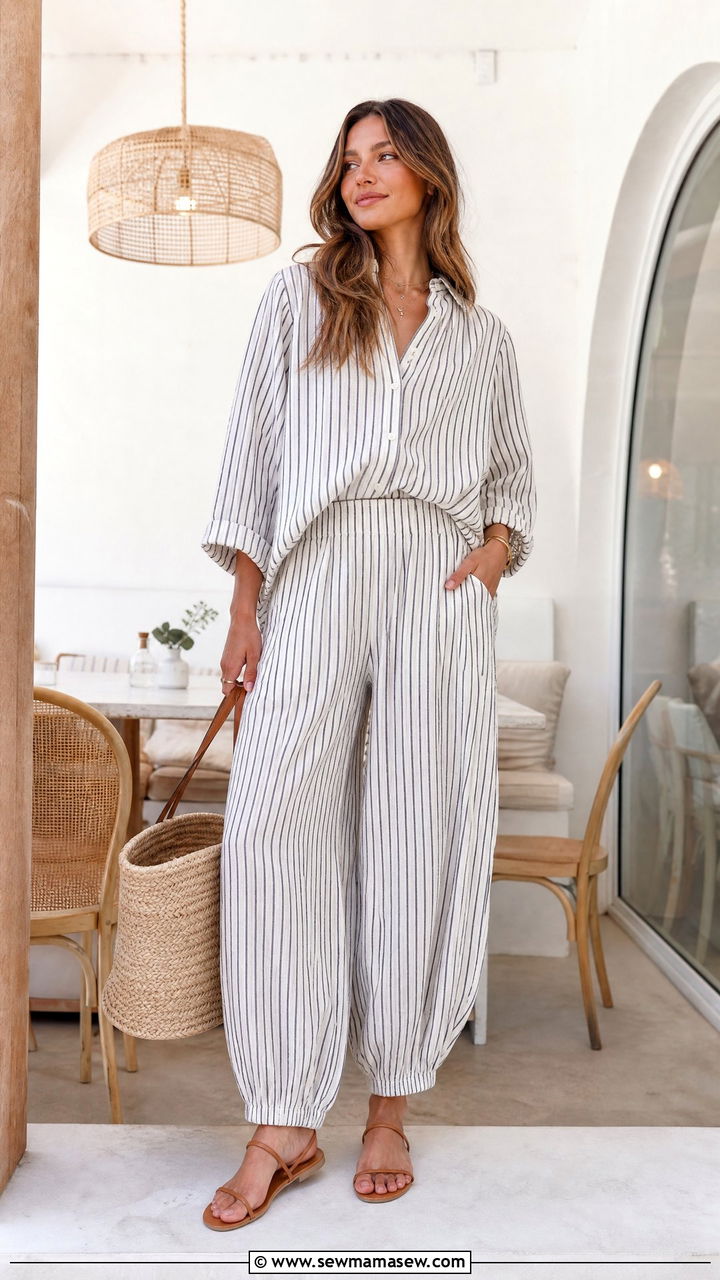 Striped Balloon Pants Matching Set With Basket Bag - 30 cute balloon pants outfits