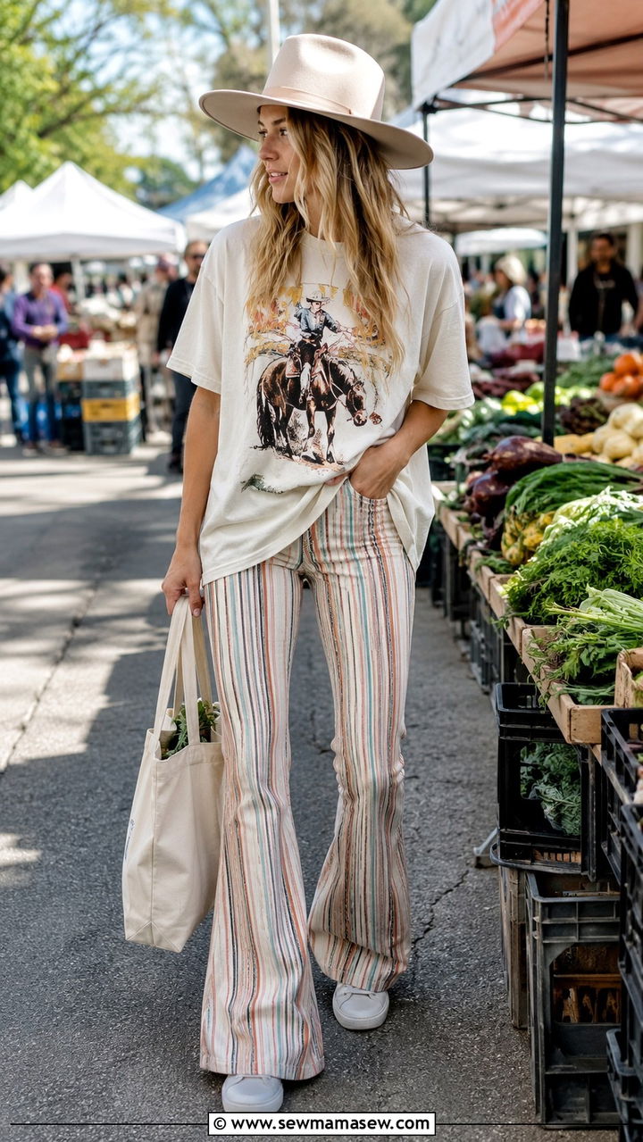 Striped Bell Bottoms With Oversized Graphic Tee - 20 Western outfit ideas Lainey Wilson style