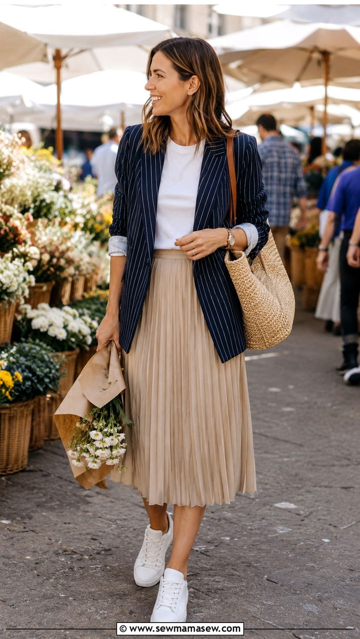 Striped Blazer With Pleated Skirt And White Sneakers - 30 Pleated skirt outfit ideas with a blazer