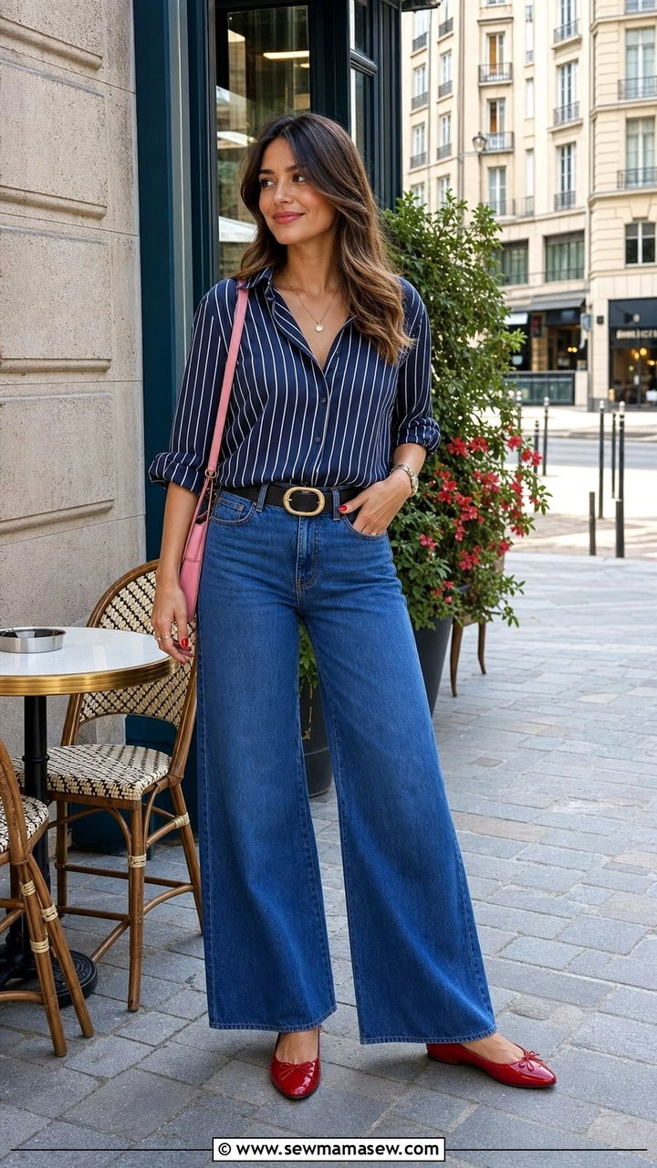 Striped Blouse With Wide Leg Jeans and Red Ballet Flats - 25 Elevated summer outfit ideas 2026