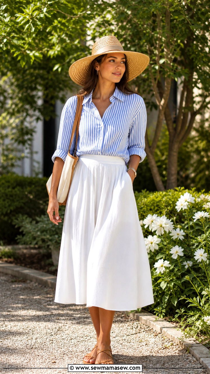 Striped Blouse and White Skirt Outfit - 40 summer old money outfits