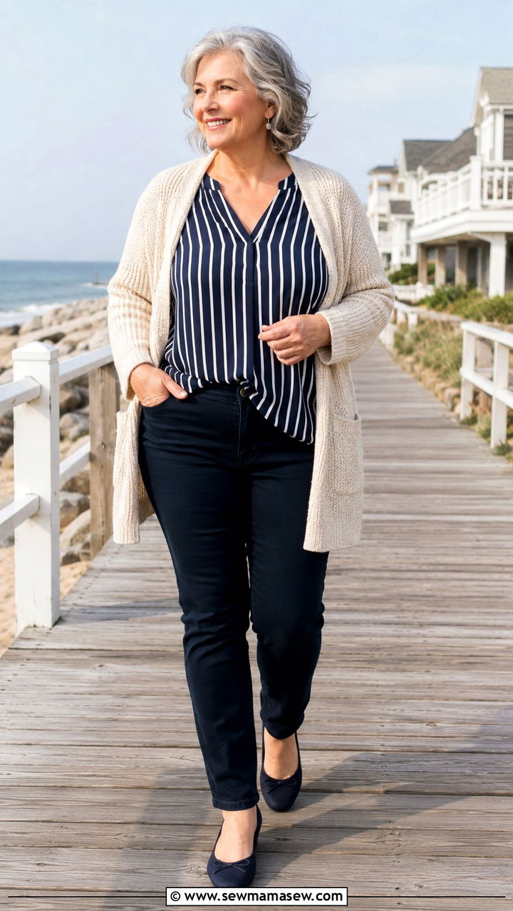 Striped Blouse with Dark Jeans and Cozy Cardigan - 25 Plus size outfits for women over 60