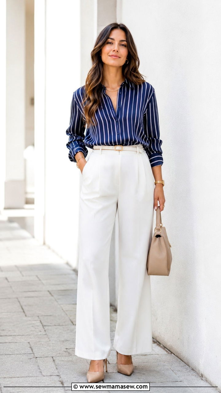 Striped Blouse with White Wide Leg Pants - 30 LinkedIn photo outfit ideas