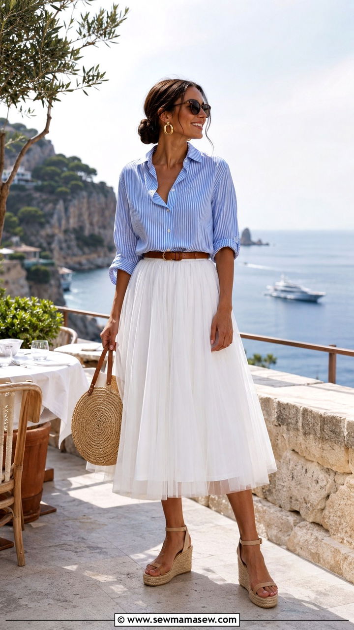 Striped Blue Button Down With White Tulle Skirt - 20 Tulle skirt outfit ideas with a button down