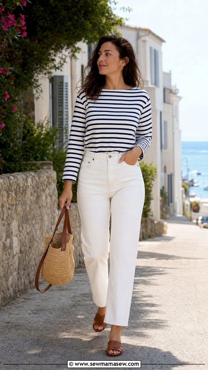 Striped Boat Neck Tee And White Jeans Pear Body Spring - 25 spring outfits for pear shaped body