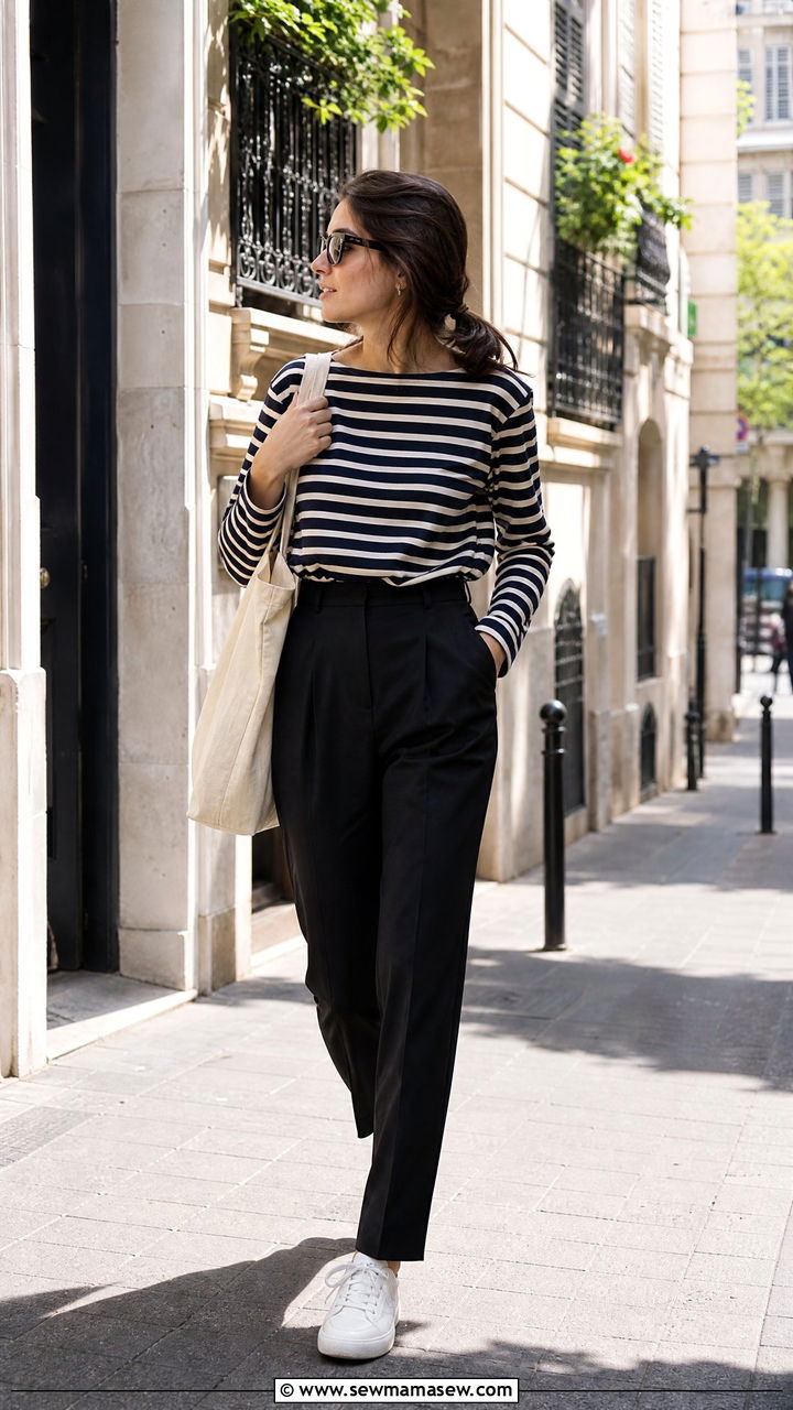 Striped Boat Neck Tee With High Waisted Trousers - 25 casual outfits for pear shaped body