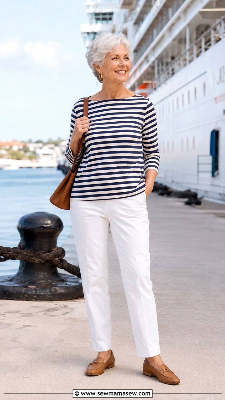 Striped Boat Neck Top With White Pants - 30 Travel outfits for women over 60