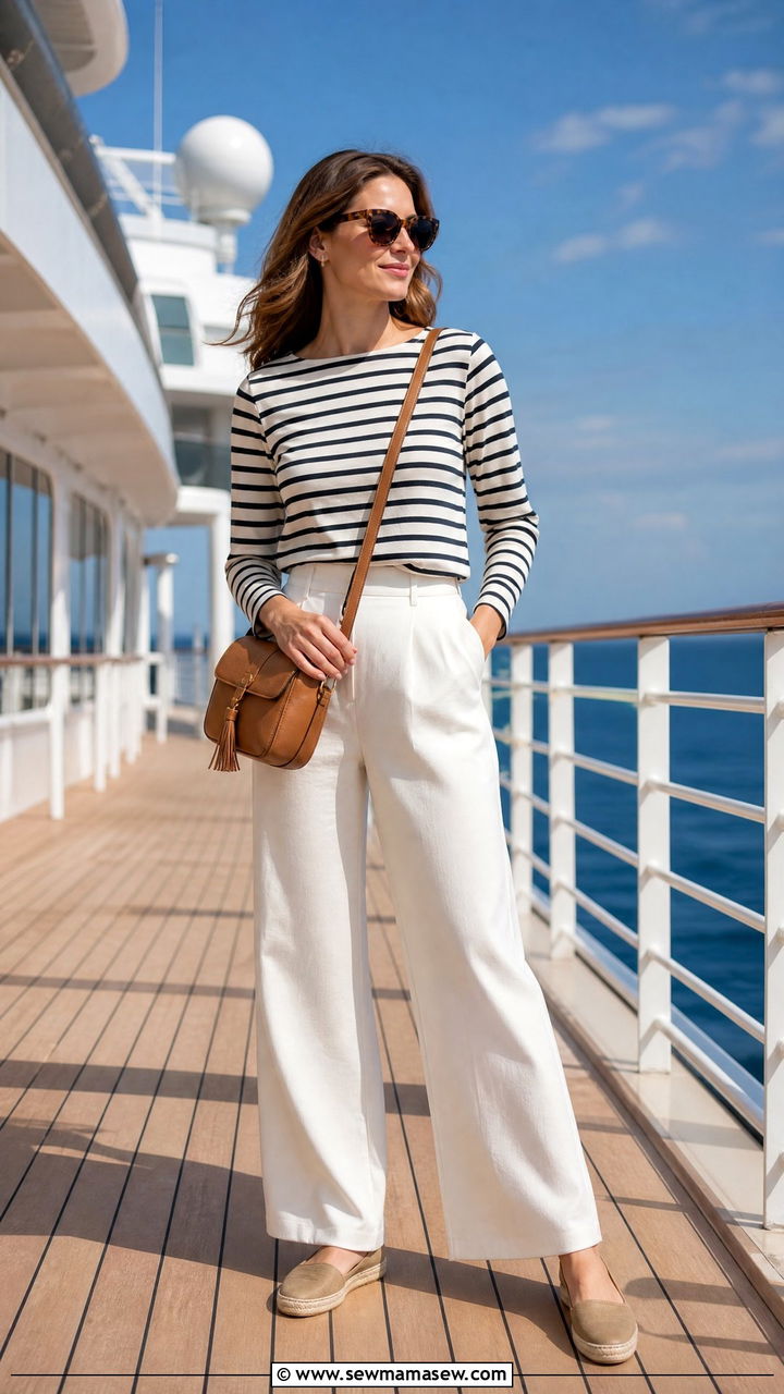 Striped Boat Neck Top With White Wide Leg Pants - 30 Cruise embarkation outfit ideas