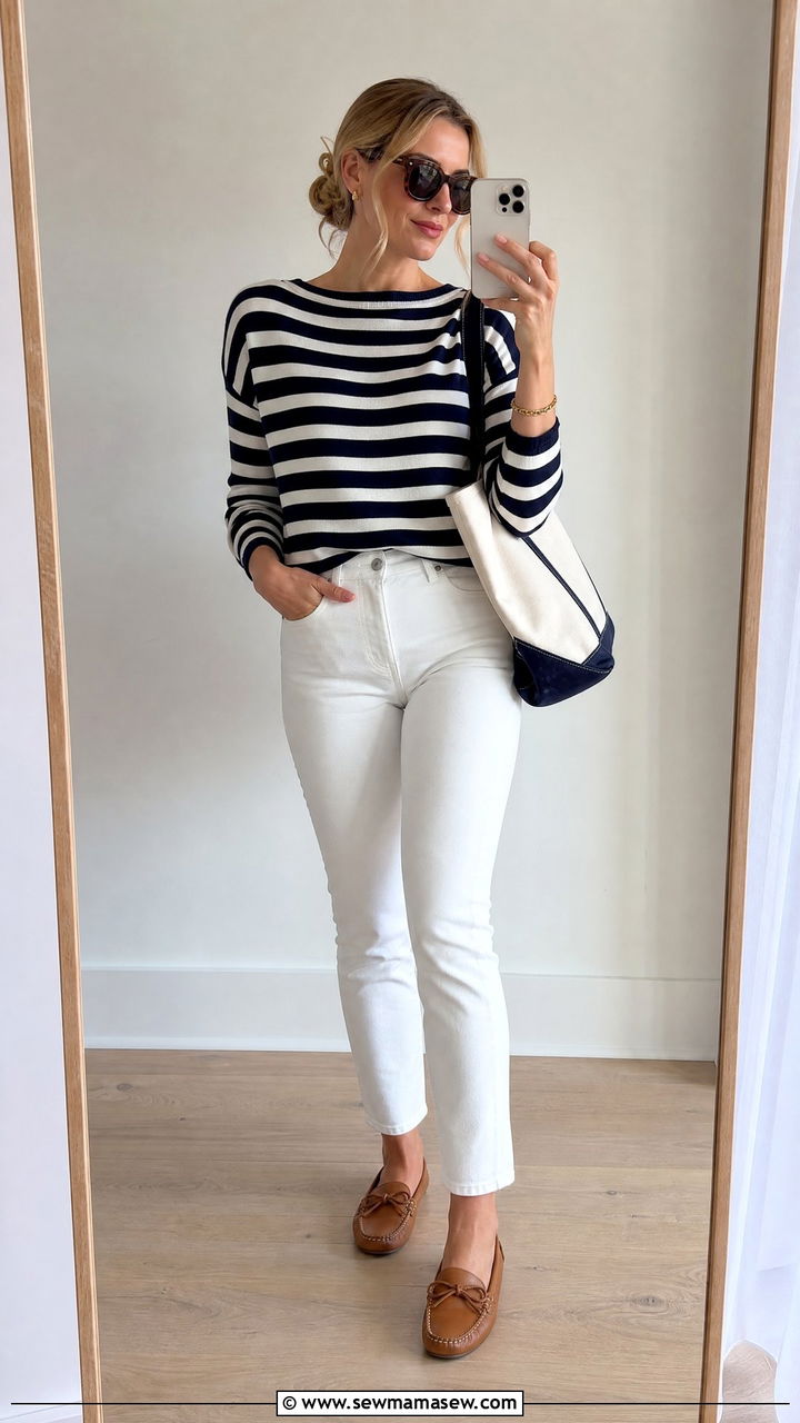 Striped Boatneck Sweater And White Jeans Outfit - 30 Coastal grandmother spring outfits